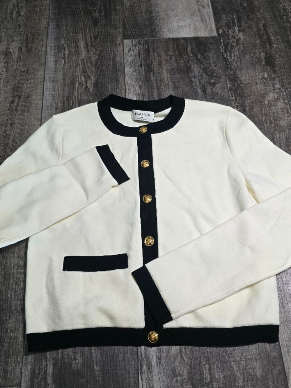 Babaton Womens Contrast Trim Cardigan Ivory Black Gold Button XS Aritzia